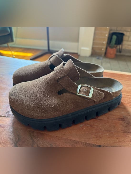 Birkenstock Shoes - Birkenstock Brown Suede Clog Mules with Black Lug Sole